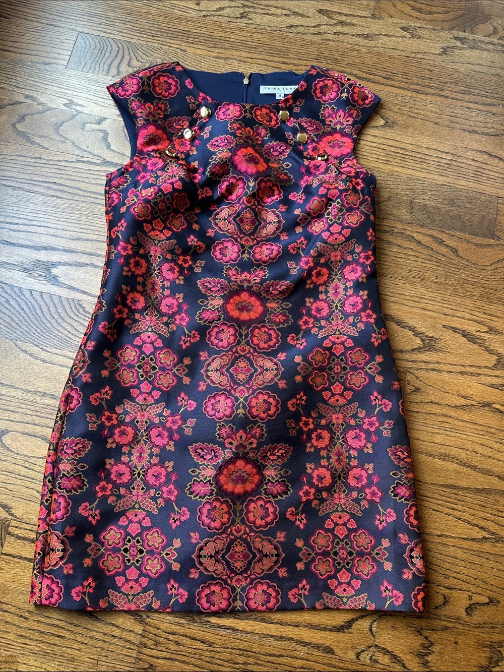 Trina Turk Black-purple Dress with Pink and Red Floral Brocade